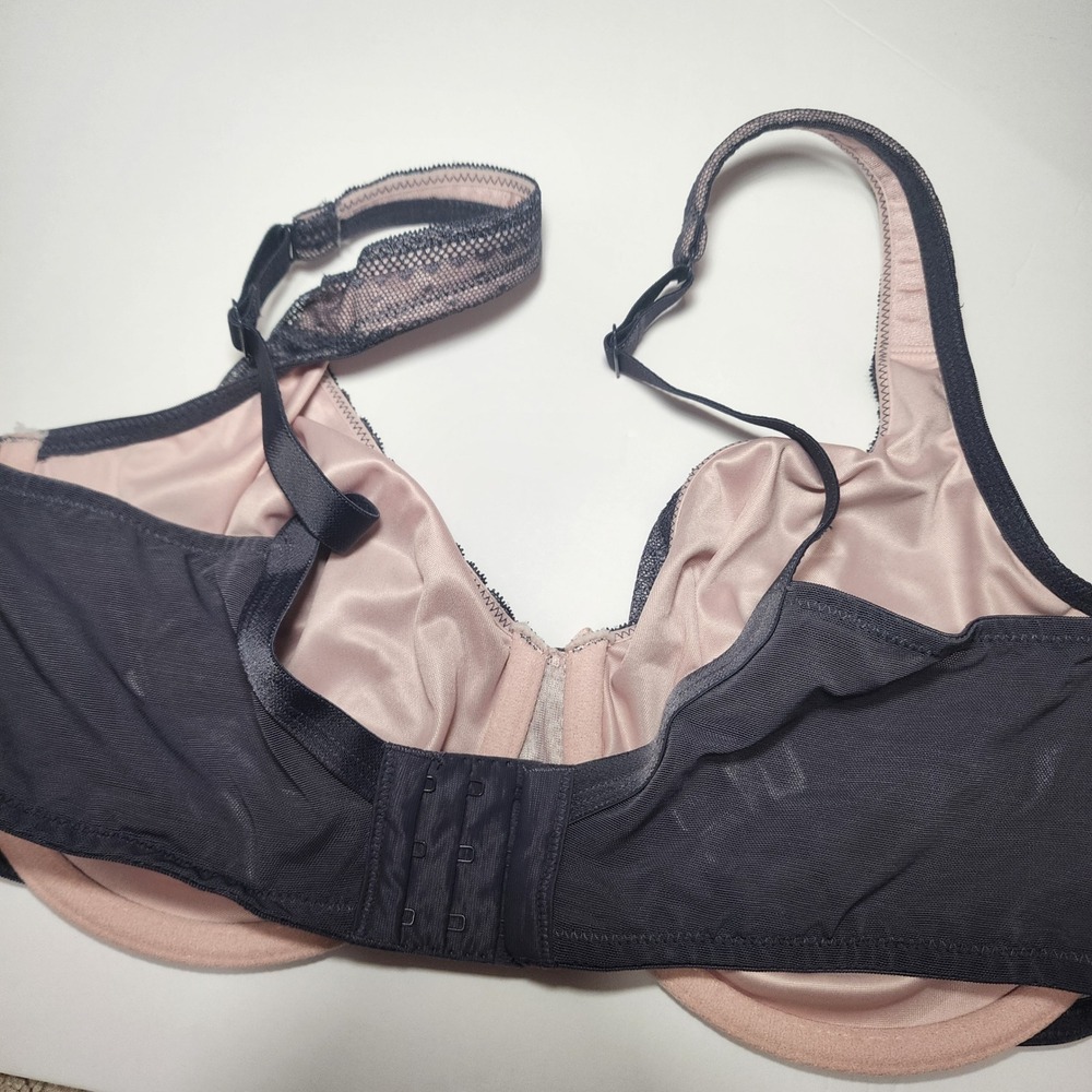 Cacique 40DD Unlined Full Coverage Lace Bra‎ Black Beige Bow Adjustable - Picture 3 of 6